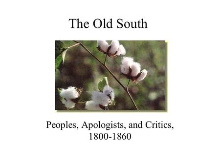 The Old South Peoples, Apologists, and Critics, 1800-1860.