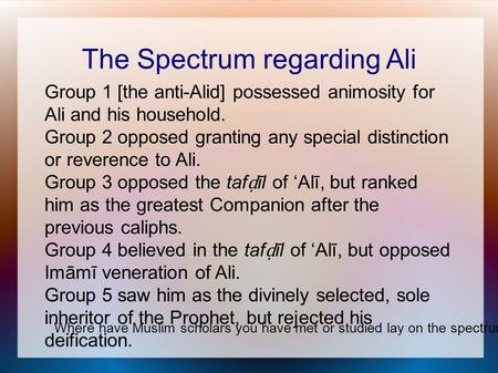 The Spectrum regarding Ali Group 1 [the anti-Alid] possessed animosity for Ali and his household. Group 2 opposed granting any special distinction or reverence.