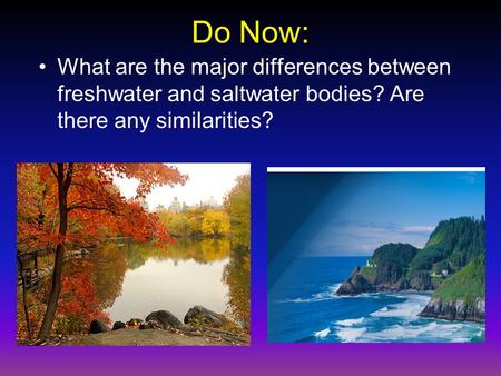 Do Now: What are the major differences between freshwater and saltwater bodies? Are there any similarities?