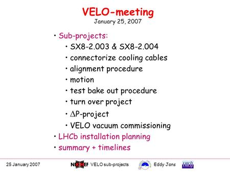 25 January 2007VELO sub-projectsEddy Jans 0 VELO-meeting January 25, 2007 Sub-projects: SX8-2.003 & SX8-2.004 connectorize cooling cables alignment procedure.