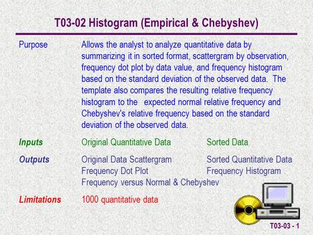 T03-03 - 1 T03-02 Histogram (Empirical & Chebyshev) PurposeAllows the analyst to analyze quantitative data by summarizing it in sorted format, scattergram.