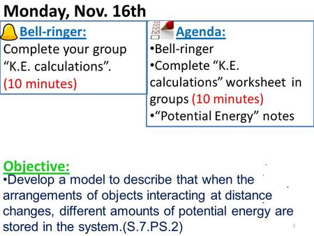 Monday, Nov. 16th 1 Bell-ringer: Complete your group “K.E. calculations”. (10 minutes) Agenda: Bell-ringer Complete “K.E. calculations” worksheet in groups.