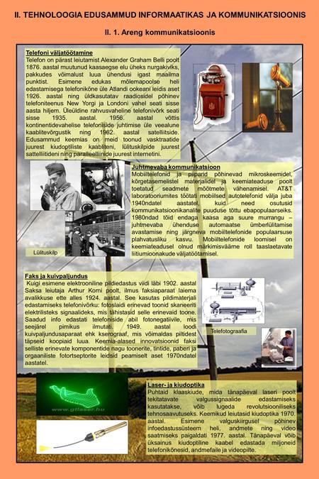 II. 1. Areng kommunikatsioonis Telefoni väljatöötamine Telefon on pärast leiutamist Alexander Graham Belli poolt 1876. aastal muutunud kaasaegse elu üheks.