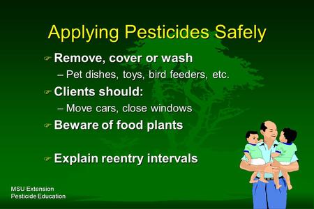 MSU Extension Pesticide Education Applying Pesticides Safely F Remove, cover or wash –Pet dishes, toys, bird feeders, etc. F Clients should: –Move cars,