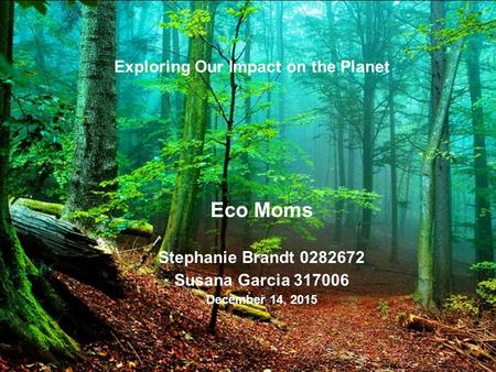 Eco Moms Stephanie Brandt 0282672 Susana Garcia 317006 December 14, 2015 Exploring Our Impact on the Planet.