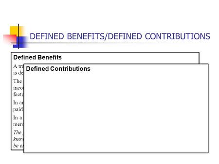 DEFINED BENEFITS/DEFINED CONTRIBUTIONS Defined Benefits A traditional defined benefit (DB) plan is a plan in which the benefit on retirement is determined.