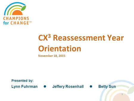 CX 3 Reassessment Year Orientation November 18, 2015 Presented by: Lynn Fuhrman Jeffery Rosenhall Betty Sun 1.