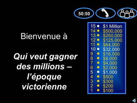 15 14 13 12 11 10 9 8 7 6 5 4 3 2 1 $1 Million $500,000 $250,000 $125,000 $64,000 $32,000 $16,000 $8,000 $4,000 $2,000 $1,000 $500 $300 $200 $100 Bienvenue.