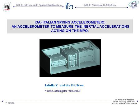 Istituto Nazionale Di AstrofisicaIstituto di Fisica dello Spazio Interplanetario V. Iafolla 1 ST MORE TEAM MEETING 26-27 February 2007 Rome ALCATEL ALENIA.