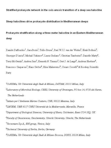 Fig. 1. Ms.: Stratified prokaryote network …… by Daffonchio et al., 2004 b a Conductivity [mS cm -1 ] 3328 3329 3330 3331 3332 3333 Water depth (m) 40.