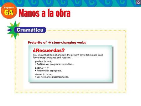 In the preterite, -ir verbs like preferir, pedir, and dormir also have stem changes but only in the Ud. /él/ella and Uds./ellos/ellas forms. In these.