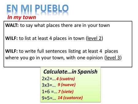 WALT: to say what places there are in your town WILF: to list at least 4 places in town (level 2) WILF: to write full sentences listing at least 4 places.