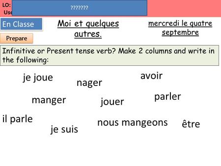 LO: Talk about ourselves and others to start speed dating! Use the present tense. Moi et quelques autres. En Classe mercredi le quatre septembre Present.