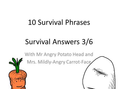 10 Survival Phrases Survival Answers 3/6 With Mr Angry Potato Head and Mrs. Mildly-Angry Carrot-Face.