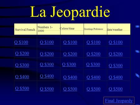 La Jeopardie Q $100 Q $100 Q $100 Q $100 Q $100 Q $200 Q $200 Q $200