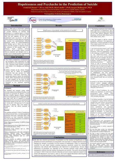 Hopelessness and Psychache in the Prediction of Suicide Frédérick Dionne 1,2,3, B. sc, cand. Ph.D., Réal Labelle 1,2, Ph.D, Jacques Baillargeon 1, Ph.D.