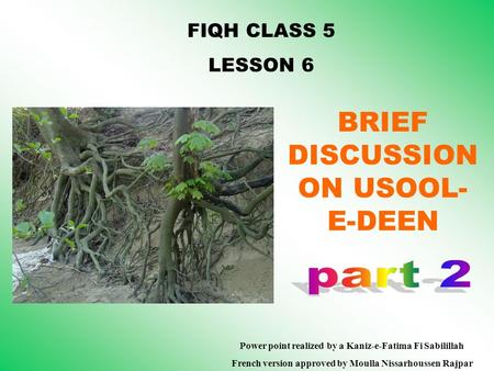 FIQH CLASS 5 LESSON 6 BRIEF DISCUSSION ON USOOL- E-DEEN Power point realized by a Kaniz-e-Fatima Fi Sabilillah French version approved by Moulla Nissarhoussen.