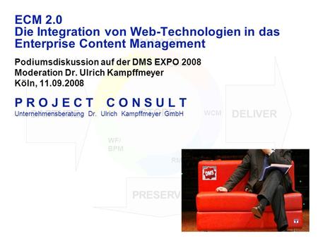 CAPTURE PRESERVE DELIVER STORE MANAGE STORE WCM RM WF/ BPM DM Collab ECM 2.0 Die Integration von Web-Technologien in das Enterprise Content Management.