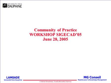© Michel Grundstein, Camille Rosenthal-Sabroux MG Conseil Repères pour le Knowledge Management LAMSADE Université Paris Dauphine Community of Practice.