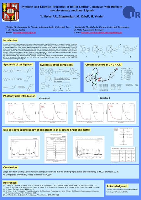 1 Acknowledgment Synthesis and Emission Properties of Ir(III) Emitter Complexes with Different Acetylacetonate Ancillary Ligands T. Fischer 2, U. Monkowius.