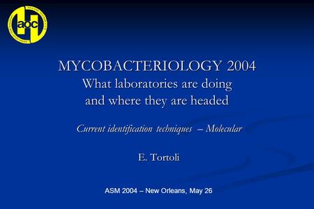 MYCOBACTERIOLOGY 2004 What laboratories are doing and where they are headed Current identification techniques Molecular Current identification techniques.