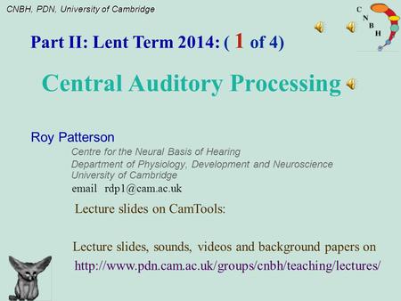 CNBH, PDN, University of Cambridge Roy Patterson Centre for the Neural Basis of Hearing Department of Physiology, Development and Neuroscience University.