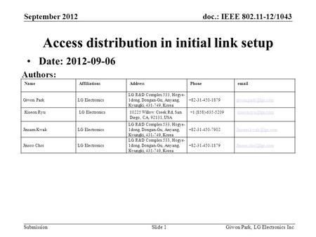 Doc.: IEEE 802.11-12/1043 Submission NameAffiliationsAddressPhoneemail Giwon ParkLG Electronics LG R&D Complex 533, Hogye- 1dong, Dongan-Gu, Anyang, Kyungki,