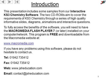 Introduction This presentation includes some samples from our Interactive KS3 Chemistry Software. The two CD-ROMs aim to cover the requirements of KS3.