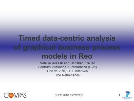 SEFM 2010, 15/09/201011 Timed data-centric analysis of graphical business process models in Reo Natallia Kokash and Christian Krause Centrum Wiskunde &