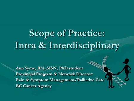 Scope of Practice: Intra & Interdisciplinary Ann Syme, RN, MSN, PhD student Provincial Program & Network Director: Pain & Symptom Management/Palliative.