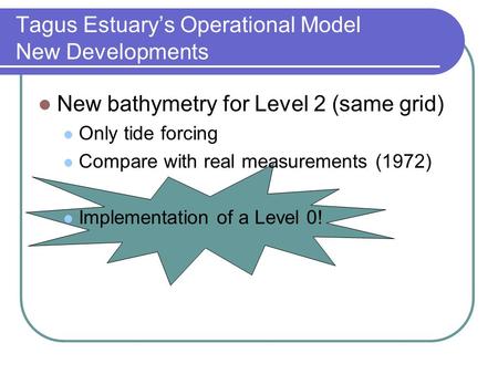 Tagus Estuarys Operational Model New Developments New bathymetry for Level 2 (same grid) Only tide forcing Compare with real measurements (1972) Implementation.