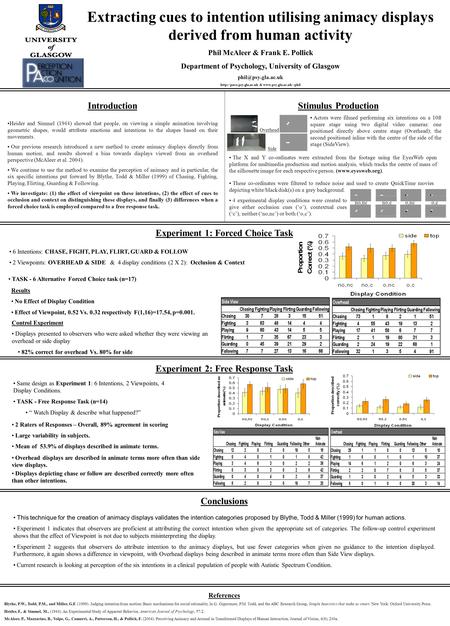 Extracting cues to intention utilising animacy displays derived from human activity Phil McAleer & Frank E. Pollick Department of Psychology, University.