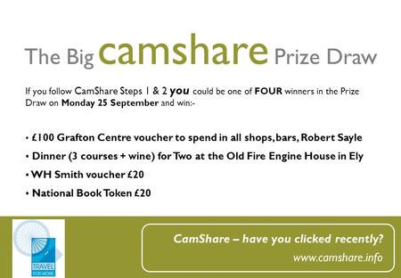 The Big camshare Prize Draw CamShare – have you clicked recently? www.camshare.info If you follow CamShare Steps 1 & 2 you could be one of FOUR winners.