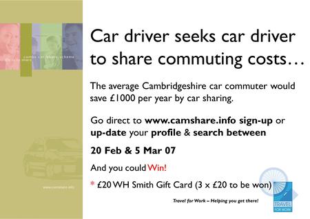 Travel for Work – Helping you get there! Car driver seeks car driver to share commuting costs… Go direct to www.camshare.info sign-up or up-date your profile.