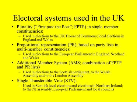 Electoral systems used in the UK