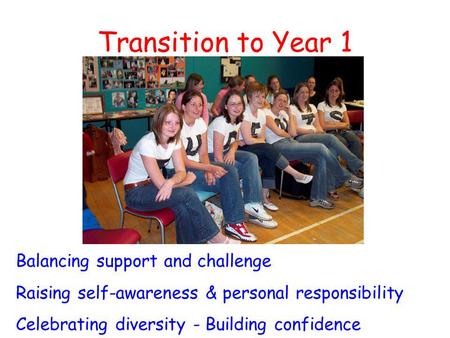 Transition to Year 1 Balancing support and challenge Raising self-awareness & personal responsibility Celebrating diversity - Building confidence.