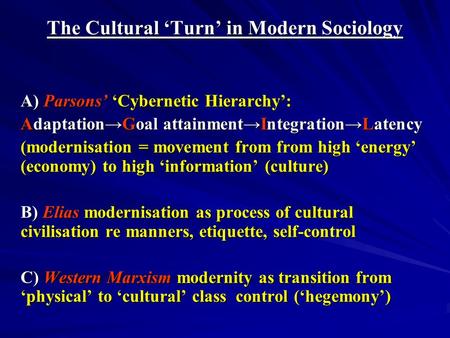 The Cultural Turn in Modern Sociology A) Parsons Cybernetic Hierarchy: AdaptationGoal attainmentIntegrationLatency (modernisation = movement from from.