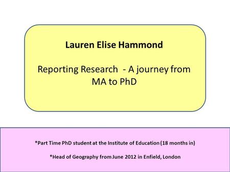 Lauren Elise Hammond Reporting Research - A journey from MA to PhD *Part Time PhD student at the Institute of Education (18 months in) *Head of Geography.