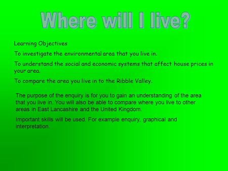 Learning Objectives To investigate the environmental area that you live in. To understand the social and economic systems that affect house prices in your.