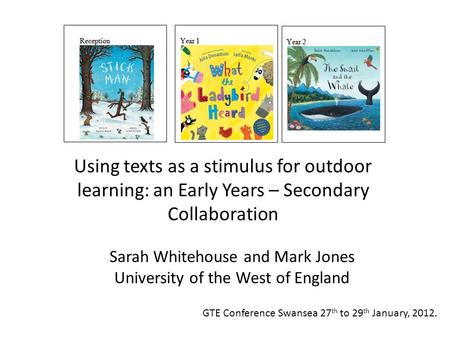 Sarah Whitehouse and Mark Jones University of the West of England Using texts as a stimulus for outdoor learning: an Early Years – Secondary Collaboration.