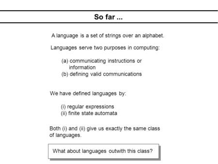 So far... A language is a set of strings over an alphabet. We have defined languages by: (i) regular expressions (ii) finite state automata Both (i) and.