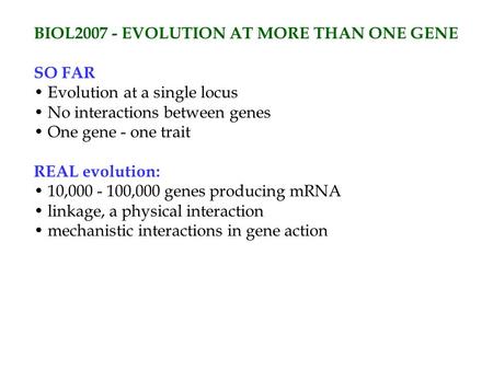 BIOL2007 - EVOLUTION AT MORE THAN ONE GENE SO FAR Evolution at a single locus No interactions between genes One gene - one trait REAL evolution: 10,000.