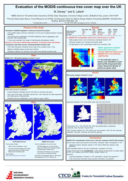 Results Per-county analysis of forest % cover Agreement between VCF and AVHRR closer than VCF and FE GIS Data Evaluation of the MODIS continuous tree cover.