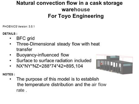 Natural convection flow in a cask storage warehouse For Toyo Engineering PHOENICS Version : 3.5.1 DETAILS : BFC grid Three-Dimensional steady flow with.