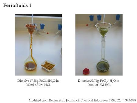 Dissolve 67.58g FeCl 3.6H 2 O in 250ml of 2M HCl. Dissolve 39.76g FeCl 2.4H 2 O in 100ml of 2M HCl. Ferrofluids 1 Modified from Berger et al, Journal of.