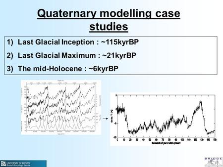 Quaternary modelling case studies 1)Last Glacial Inception : ~115kyrBP 2)Last Glacial Maximum : ~21kyrBP 3)The mid-Holocene : ~6kyrBP.