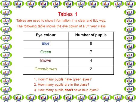 Tables 1 Tables are used to show information in a clear and tidy way. The following table shows the eye colour of a 3 rd year class Eye colourNumber of.