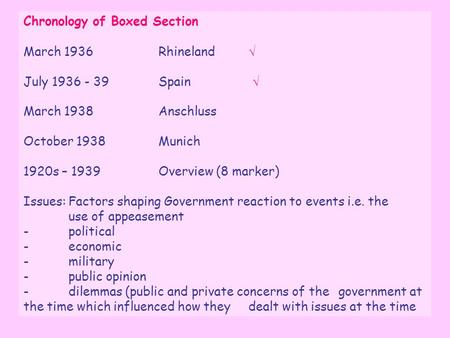 Chronology of Boxed Section March 1936Rhineland July 1936 - 39 Spain March 1938Anschluss October 1938Munich 1920s – 1939Overview (8 marker) Issues:Factors.