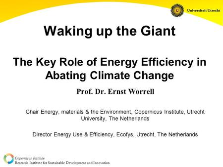 Copernicus Institute Research Institute for Sustainable Development and Innovation Prof. Dr. Ernst Worrell Chair Energy, materials & the Environment, Copernicus.