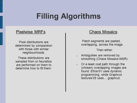 Filling Algorithms Pixelwise MRFsChaos Mosaics Patch segments are pasted, overlapping, across the image. Then either: Ambiguities are removed by smoothing.